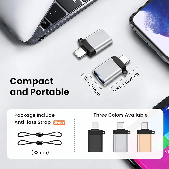 USB-C to USB-A Adapter (2-Pack), USB3.0 Data Transfer and Interface Conversion, Charging, OTG Support with Anti-Loss Cord - Silver