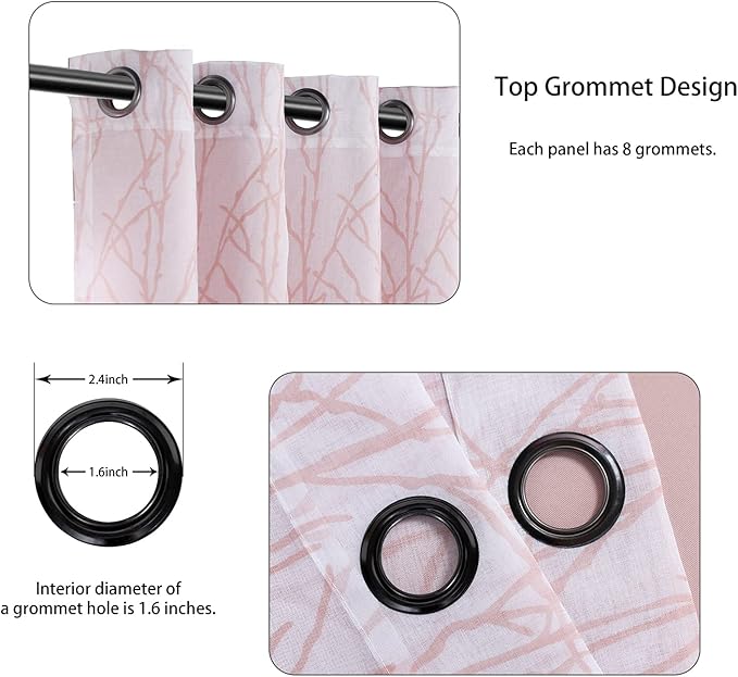 BONZER Mix and Match Curtains - 2 Pieces Branch Print Sheer Curtains and 2 Pieces Blackout Curtains for Bedroom Living Room Grommet Window Drapes, 54x63 Inch/Panel, Blush, Set of 4 Panels