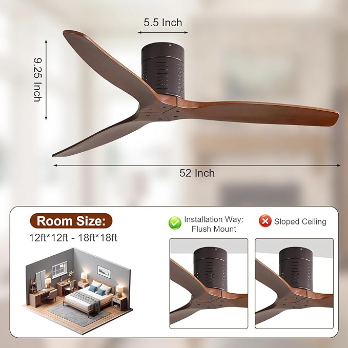 Sofucor 52 Inch Ceiling Fan No Light, Solid Wood Indoor/Outdoor Ceiling Fans Without Lights, Reversible DC Motor, 6 Speed, Flush Mount Ceiling Fans for Bedroom Living Room Farmhouse Patio