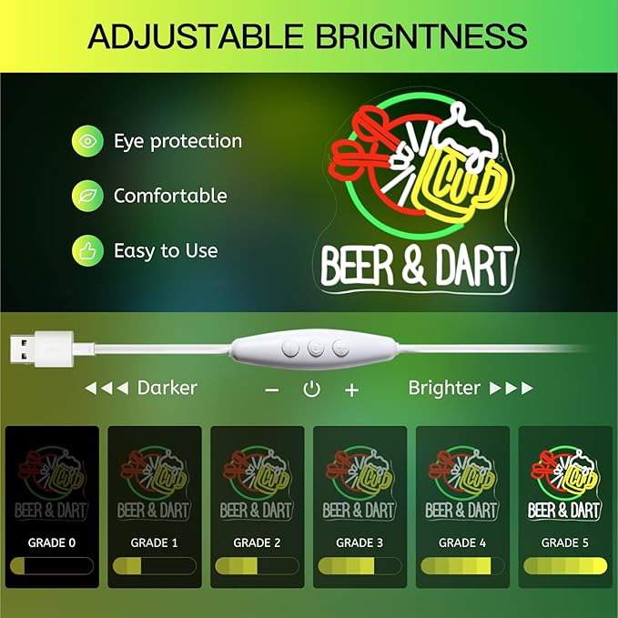 Beer & Dart Neon Sign – Fun Bar Wall Light with Dartboard and Beer Mug Design LED Decor for Game Room, Pub, or Man Cave, USB Powered, 5V/2A，Dimmable
