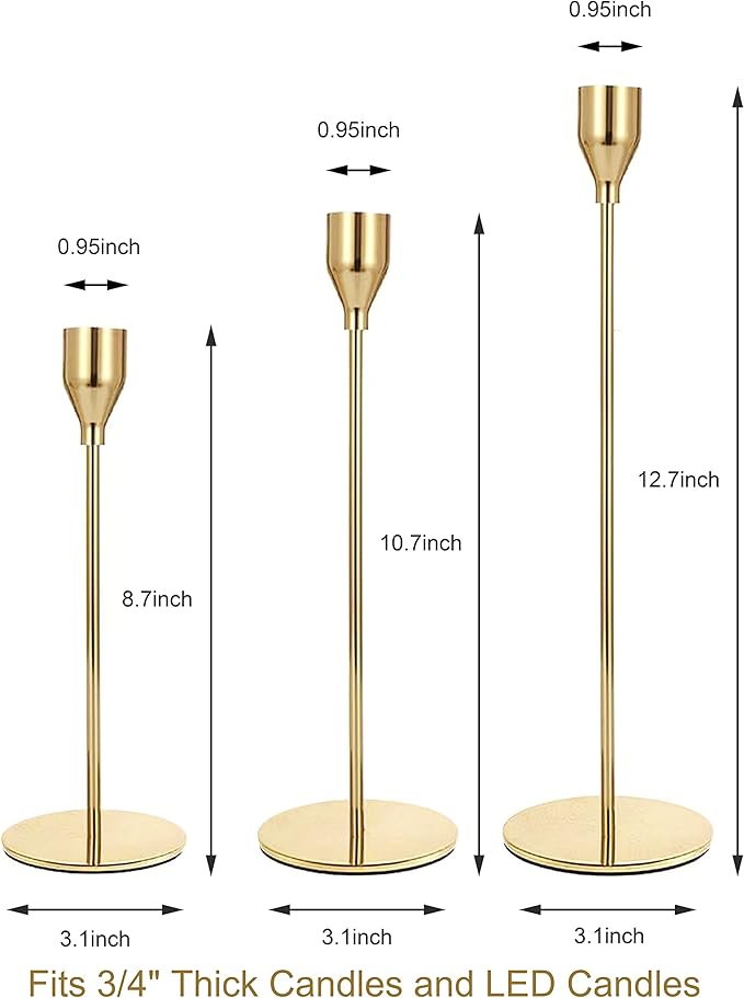 Gold Taper Candle Holders, Set of 3 Metal Candlestick Holders for Candle Sticks Holder Decor, Ideal for Mantle Table Centerpiece, Weddings, Dining, Housewarming Gift & Anniversaries