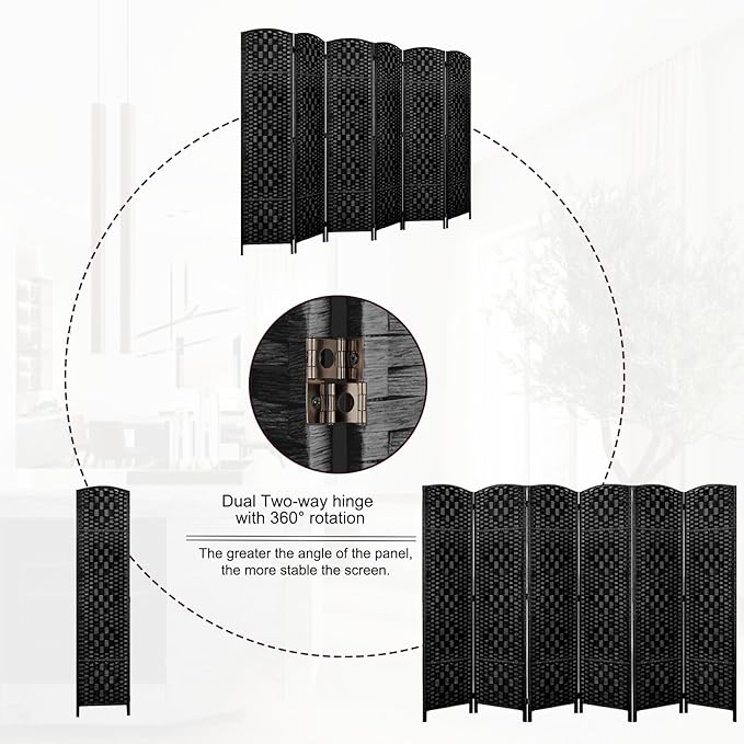 Rose Home Fashion Room Divider, 6 ft Tall Room Dividers and Folding Privacy Screens, 16in Privacy Screen 6 Panel Black Space Temporary Wall Foldable Partition Separation