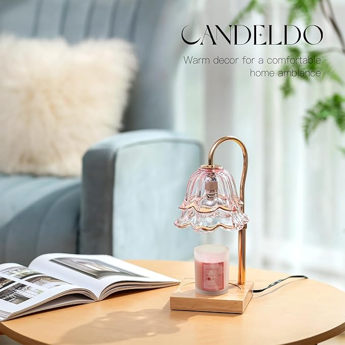 Candle Warmer Lamp with Timer: Pink Flower Candle Warming Lamp with 2 Bulbs Height Adjustable Wax Warmer Dimmable Bedroom Decor Birthday Gift for Women