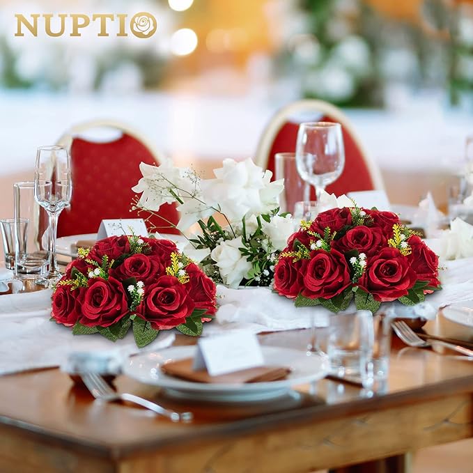 NUPTIO Flower Wedding Centrepieces for Tables - 10 Pcs 9.5in Diameter Crimson Artificial Flowers Rose Ball for Centerpieces Table - Fake Rose Arrangements for Weddings Birthday Party Decor