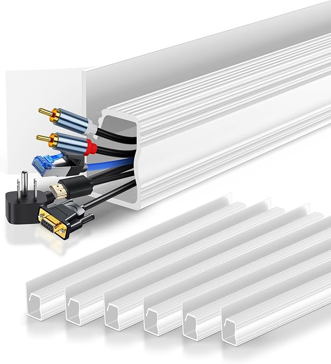 6 Pack Cable Management Under Desk, Open J Channel Raceway, Cord Organizer Tray for Desk, No-Drill Cable Hider for Desk & Wall, Wire Management Kit, Flame-Retardant PVC, 94.5" Total, White