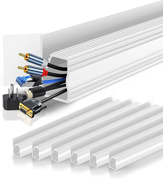 6 Pack Cable Management Under Desk, Open J Channel Raceway, Cord Organizer Tray for Desk, No-Drill Cable Hider for Desk & Wall, Wire Management Kit, Flame-Retardant PVC, 94.5" Total, White
