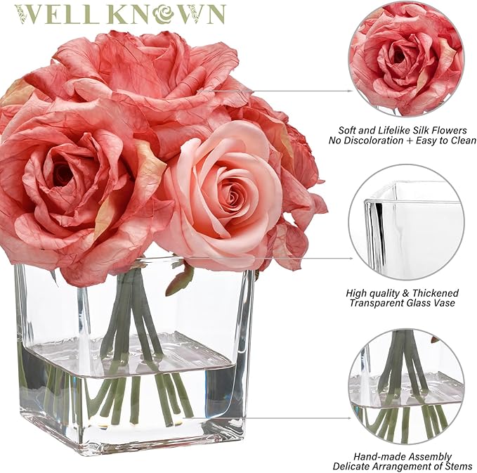 WELL KNOWN Rose Artificial Flowers in Vase with Faux Water, Silk Rose Table Centerpieces for Home Coffee Table Decor, Bean Pasty Pink Fake Roses Flower Arrangements for Office Hotel Lavatory Wedding