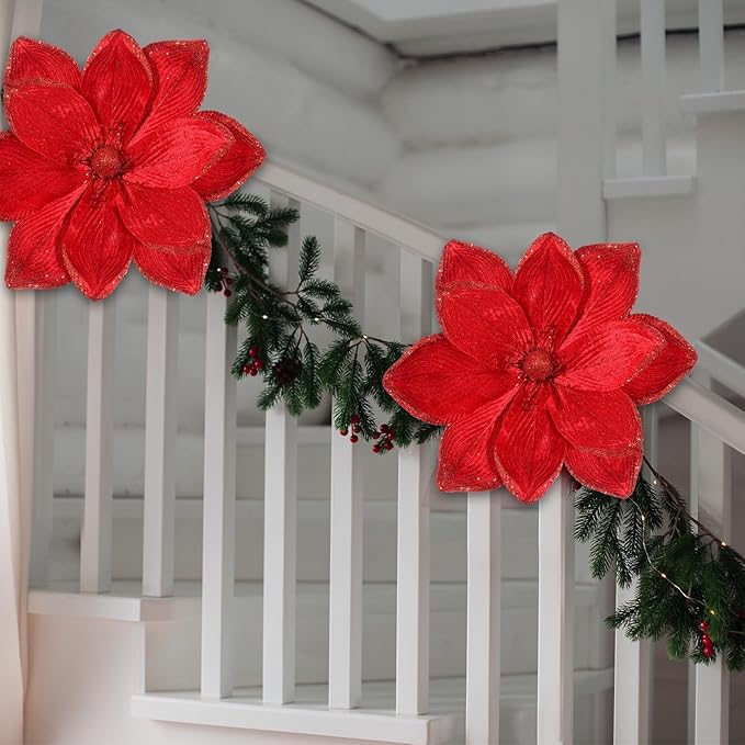 8 Pcs Large Christmas Flower Magnolia Flowers Christmas Tree Decoration Artificial Poinsettia Stems Velvet Xmas Ornaments for Xmas Tree Table Decor (Burgundy,16 Inch)