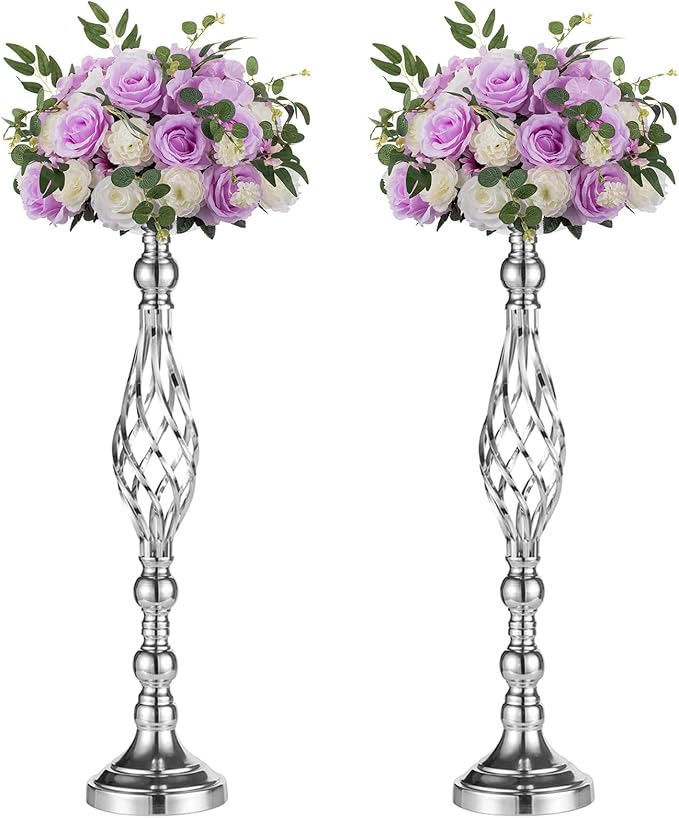 Set of 2 Versatile Silver Flower Arrangement Stand & Pillar Candle Holder Set for Wedding Party Dinner Centerpiece Event Restaurant Hotel Decoration (Silver Twist Style, 2 x L)