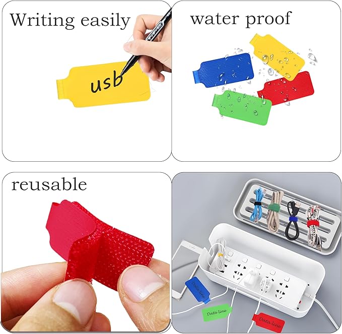 60 Pack Reusable Color-Coded Write-On Cable Labels & Cord Organizer Kit with 30 Labels to Label Cords + 30 Ties for Home Office Electronics Cord Management