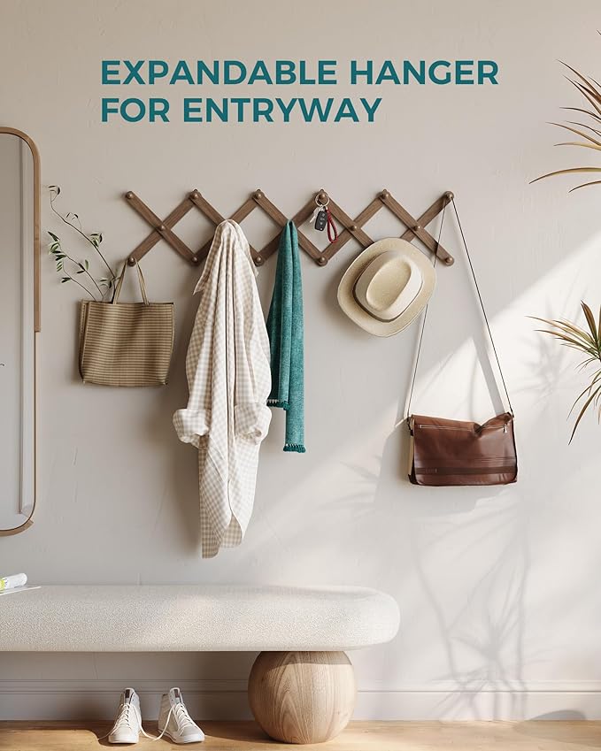 OROPY Wood Accordion Wall Hanger, Expandable Coat Rack Wall Mount with 17 Pegs, Expanding Hat Rack for Wall Walnut Color