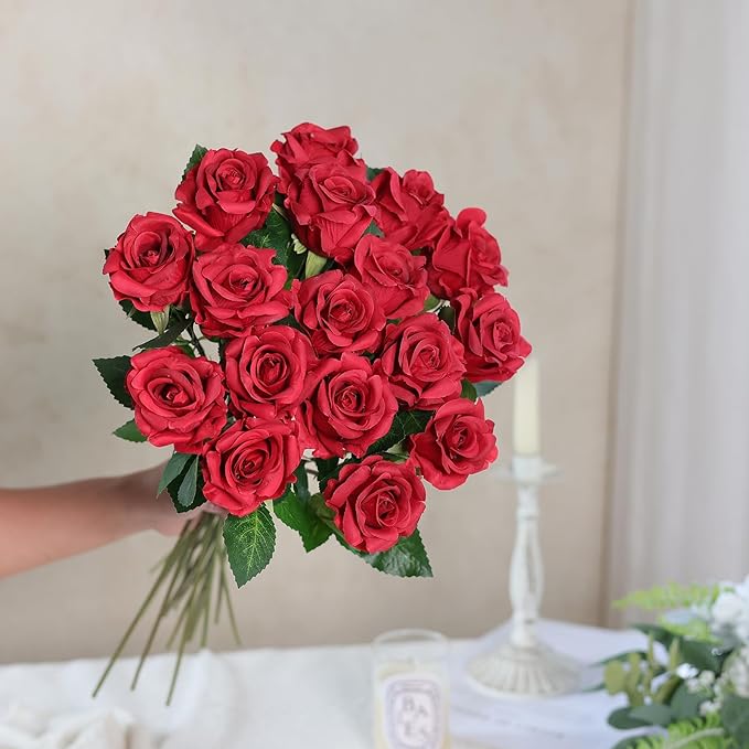 FOTEEWL 60 Pcs Artificial Rose Flower Realistic Faux Silk Roses Stem Fake Roses Bouquet for Flower Arrangement,Wedding Centerpieces,Party,Home Decorations (Burgundy)