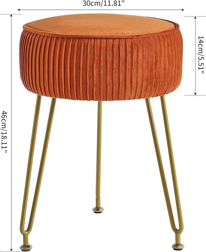 IBUYKE Velvet Round Footrest Stool Ottoman, Makeup Vanity Stool Side Table, Velvet Dressing Table Seat, Pouf Couch Stool, Golden Steel Legs, Orange LG-30J