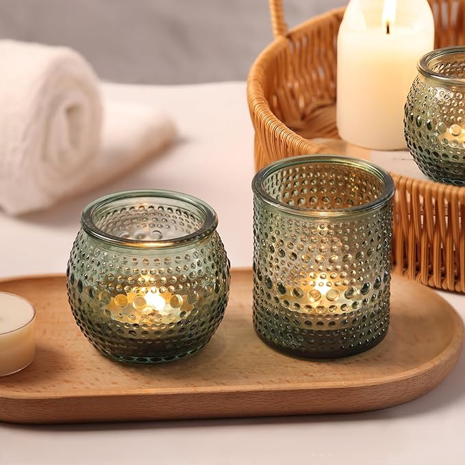 16 Pcs Assorted Green Votive Candle Holders- Glass Tealight Candle Holder for Wedding Table Decor, Green Candle Holders for Christmas, Vintage Party Table Decor
