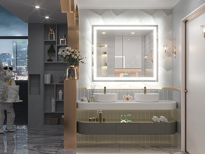 Keonjinn Bathroom LED Mirror 42 x 36 Inch Frontlit and Backlit, Stepless 3 Colors Temperature & Dimmable Tempered Glass Mirror, UL Listed LED Driver, Double LED Strips, Anti-Fog Lighted Vanity Mirror
