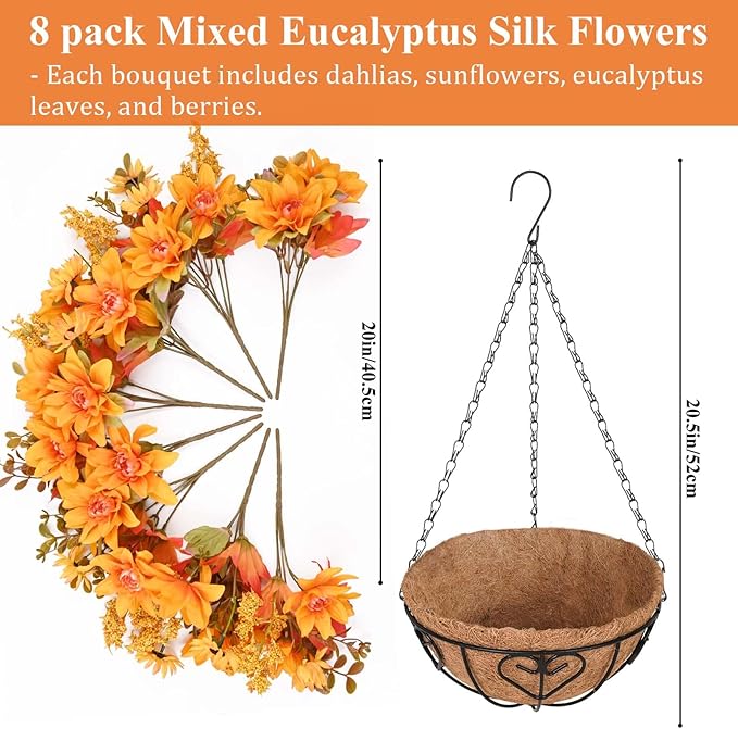 Waipfaru Artificial Fake Fall Hanging Mums Plants Flowers Basket for Outdoor, Faux Mums Floral Hanging Plant in Hang Planter Look Real UV Resistant for Porch Patio Balcony Yard Outdoor Decor (1Pcs)