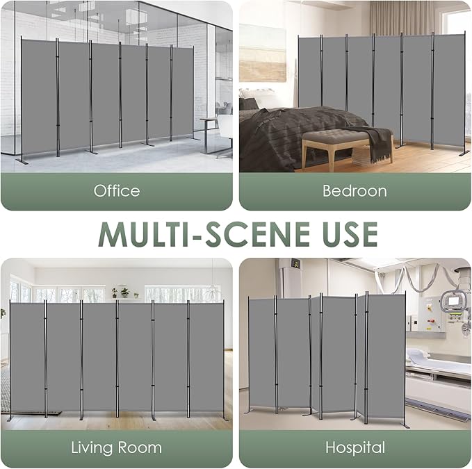 RANTILA 6 Panel Room Divider, 6 FT Folding Privacy Screen with Wide Feet, Freestanding Partition for Room Separation, Portable Room Divider Panel, 133" W x 71" H, Grey