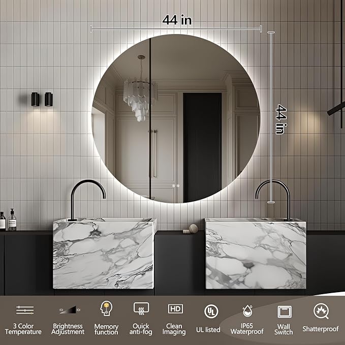 Niccy Round Led Mirror for Bathroom, 44" Circle Frameless Backlit Mirror wiht Light, Anti-Fog, 3 Colors, Waterproof, Memory Function