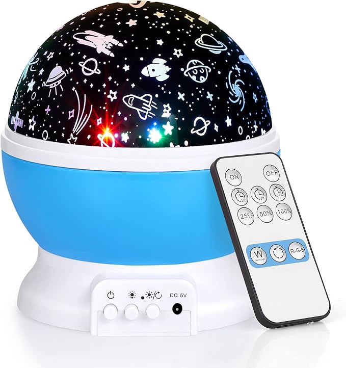 Christmas Baby Night Lights with Remote Control,Moon Projector 360 Degree Rotation - 4 LED Bulbs 8 Color Changing Light, Romantic Night Lighting Blue