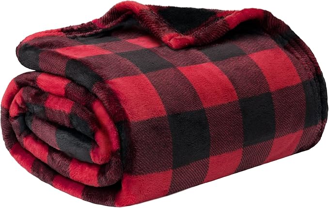 PAVILIA Black and Red Buffalo Plaid Fleece Bed Blanket King Size, Soft Checkered Flannel Blanket for Sofa, Plaid Christmas Couch Throw Bed, Warm Cozy Decorative Blanket Fall Decor Gift, 90x90