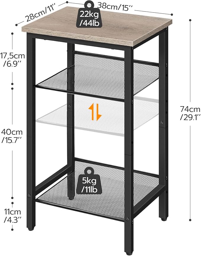 HOOBRO Side Table, 3-Tier Tall End Telephone Table with Adjustable Mesh Shelves, Small Entryway Stand for Living Room Bedroom Hallway or Office, Greige and Black BG01DH01G1