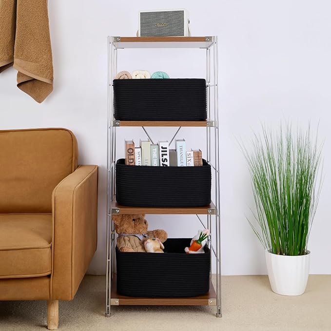 Large Storage Baskets for Shelves, Closet Organizers Bins for Clothes Blanket Towels, Baby Nursery, Toy Baskets Box, Woven Rope Baskets, 17 x 13 x 7.5”, 3 Packs Black