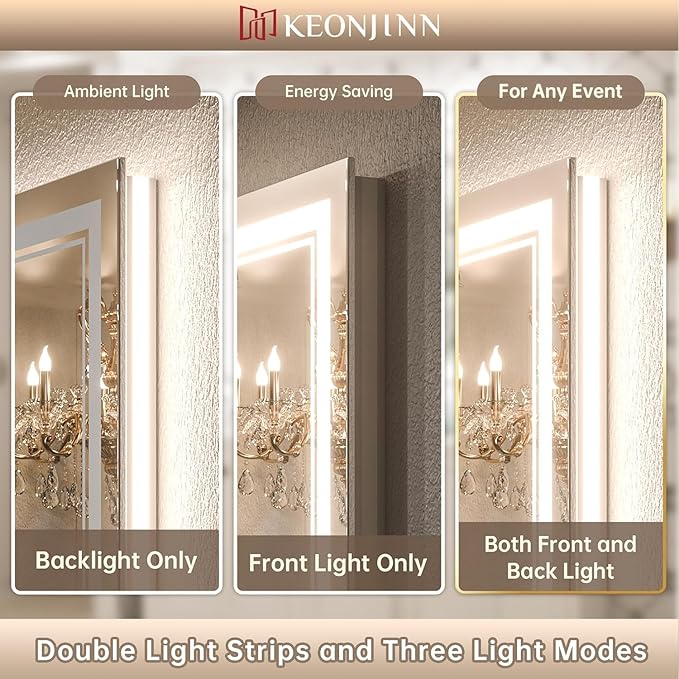Keonjinn LED Bathroom Mirror 48 x 36 in with Backlit and Front Lights, Stepless 3 Colors Temperature & Dimmable Wall Mirror, UL Listed LED Driver, Tempered Glass Double Lighted Bathroom Vanity Mirror
