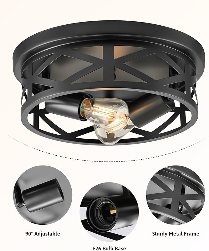 VONLUCE Flush Mount Ceiling Lights, 2-Light Hallway Ceiling Lighting Fixtures, 11 inch Farmhouse Metal Cage Ceiling Lights for Entryway Kitchen, Adjustable Lamp Holders, ETL, 2 pcs, Black
