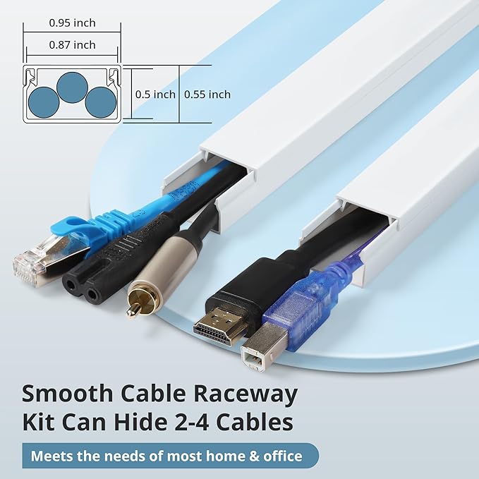 Cord Covers for Wires on Wall Extra-Long, 26.25ft TV Cord Hider Kit, Paintable Cable Management Concealer, TV Wire Hider for Wall, White Cord Raceway Channel, 8 x L39in x W0.95in x H0.55in