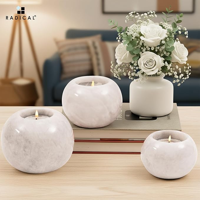 Radicaln Marble Tealight Candle Holder 4" Inches Handmade White Decorative Candle Accent for Wedding Table, Modern Farmhouse Dining Table Centerpiece, Ideal Set of 3 Small Votive Candle Holder