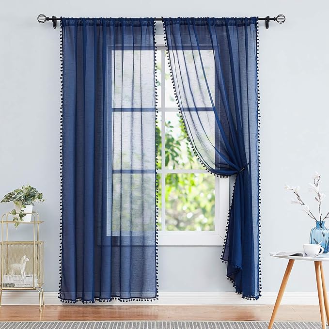 Treatmentex Pom-Pom Blue Sheer Curtains for Bedroom 63" Window Drapes Rod Pocket Textured Sheer Curtain Panels for Boy's Room Navy 52" w 2 pcs