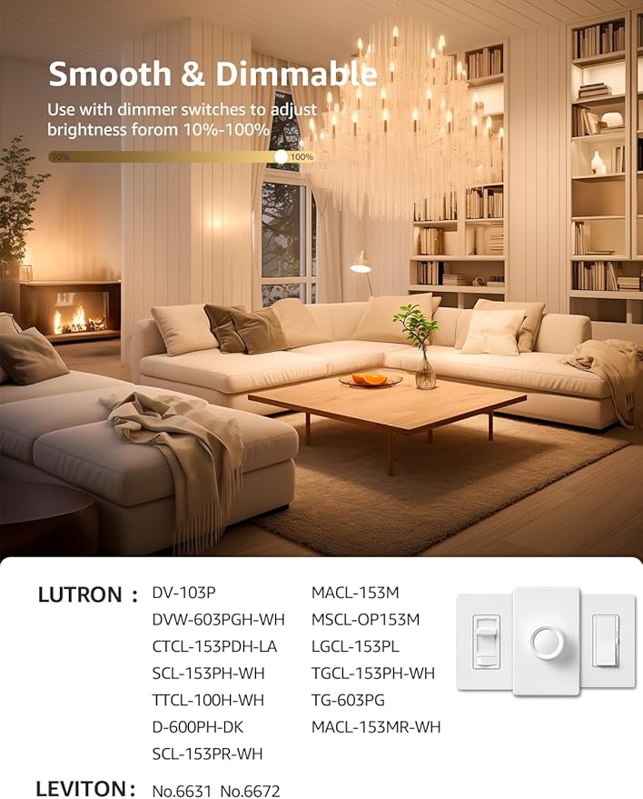 Lepro Led Chandelier Bulbs 60w Equivalent,E12 Dimmable Candelabra Bulbs for Ceiling Fan and Chandelier, 500lm 2700k Soft White Filament Bulbs,Type B Base, Ultra Energy Saving, Long Lifespan, 6-Pack