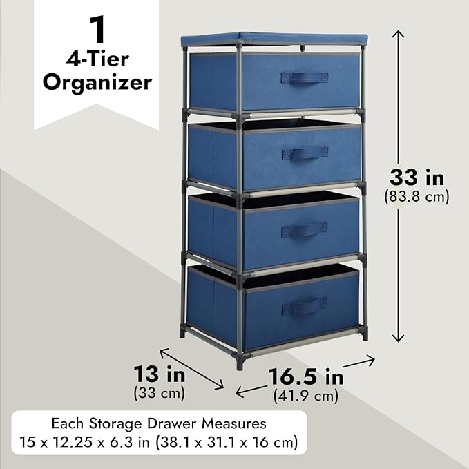 Juvale 4-Tier Tall Dresser with Drawers - 16.5 x 13 x 33 in, Navy Blue - Fabric Storage Drawers & Closet Organizer - Kids Dresser & Bedroom Storage