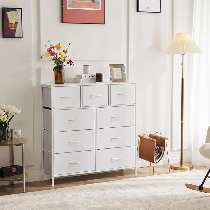 Sweetcrispy 9 Drawer Fabric Dresser Tall Chest Storage Organizer Tower with Cabinet Metal Frame and Wood Top Lightweight Nursery Closet Furniture for Bedroom,Cream White