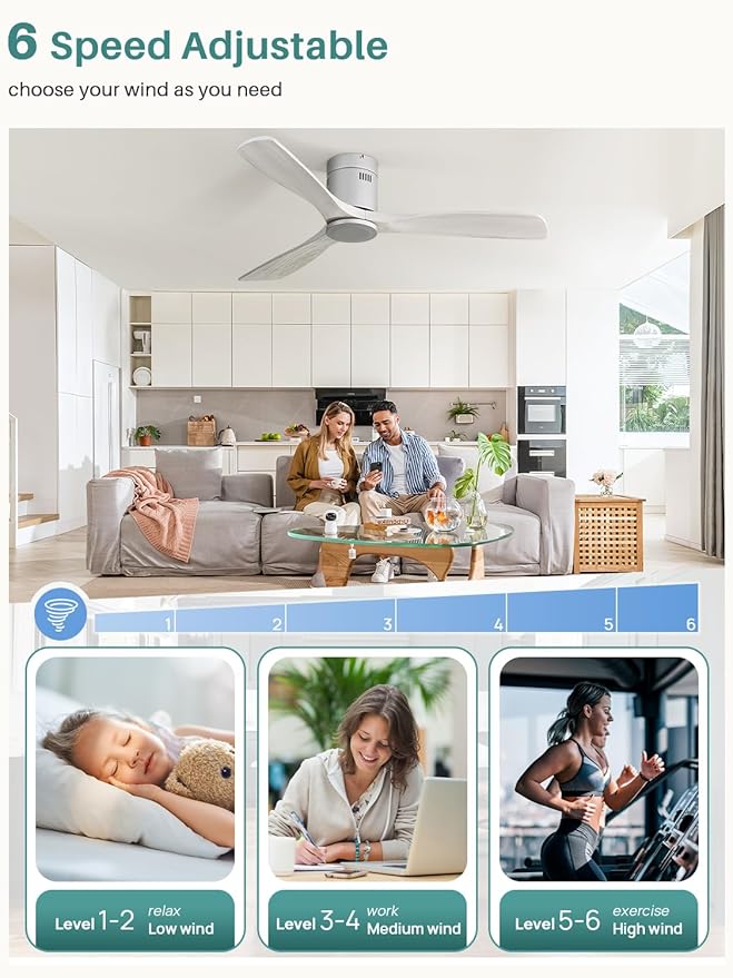 Sofucor Ceiling Fan, 52 Inch, Low Profile, DC, 3 Carved Wood Blades, Flush Mount, Noiseless, Reversible Motor, Remote Control, Without Light, Silver+Grey