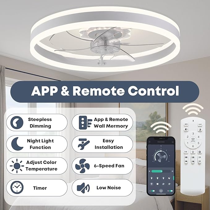 Ceiling Fan with Light, Upgraded 20‘’ Low Profile Fan, Flush Mount Ceiling Fan, 6 Speeds, Dimmable LED, App & Remote Control, Quiet DC Motor, for Bedroom, Living Room, F105 White