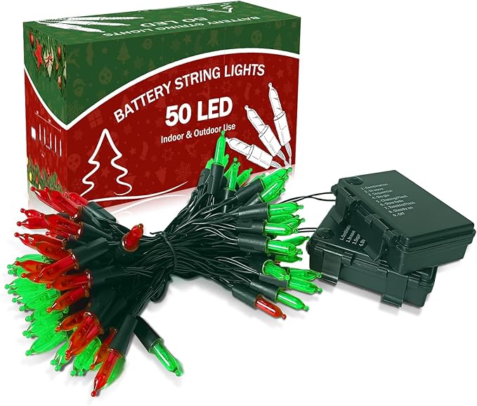 KOUQIYA Battery Operated Christmas Lights 2 Pack, 17ft 50 LED Mini String Light with Auto-Timer 8 Modes Waterproof Tree Lights (Red&Green)