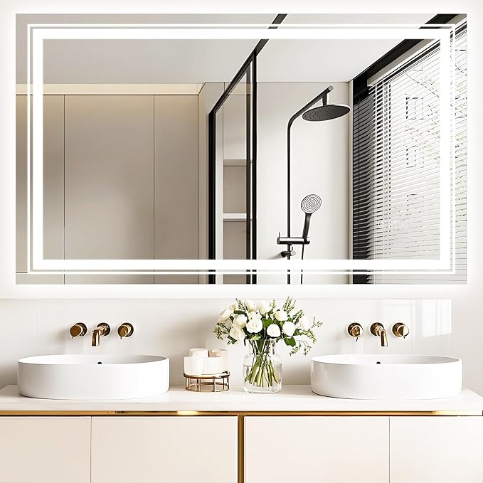 60x36 LED Mirror for Bathroom with Front and Backlit Light Up Digital Mirrors for Wall,Anti Fog,Stepless Dimmable,Tempered Silver Glass Smart Vanity Mirror for Bathroom