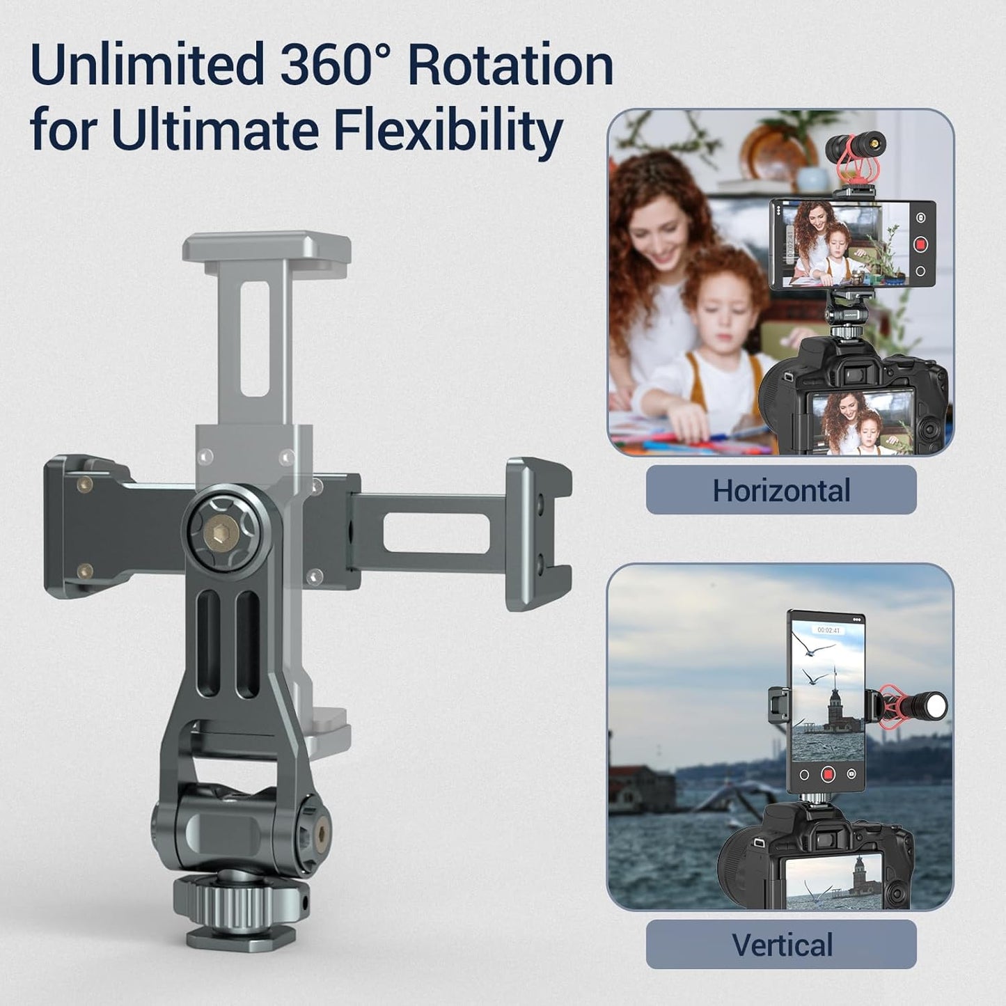 Phone Mount for Camera Hot Shoe, Aluminum Camera Hot Shoe Phone Holder with 2 Additional Cold Shoe Mounts, 360°
