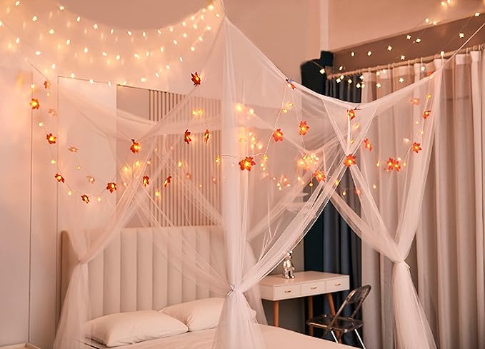 Mengersi Bed Canopy with Lights,Maple Leaf Pumpkin Canopy Bed Curtains Mosquito net,Halloween Theme Party Supplies Festival Decor,White