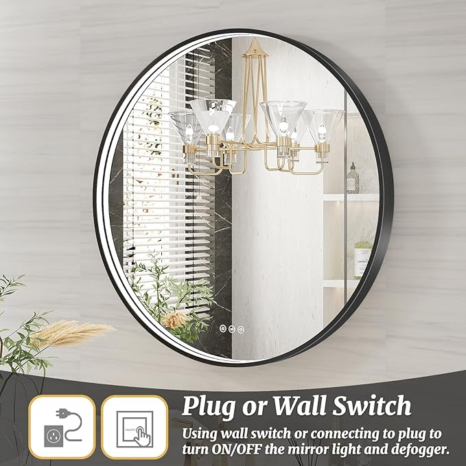 28 Inch Round LED Bathroom Mirror, Black Metal Framed Lighted Mirror for Bathroom, Wall Mouted LED Vanity Mirror with Lights, 3 Colors and Stepless Dimmable, Anti-Fog, Memory