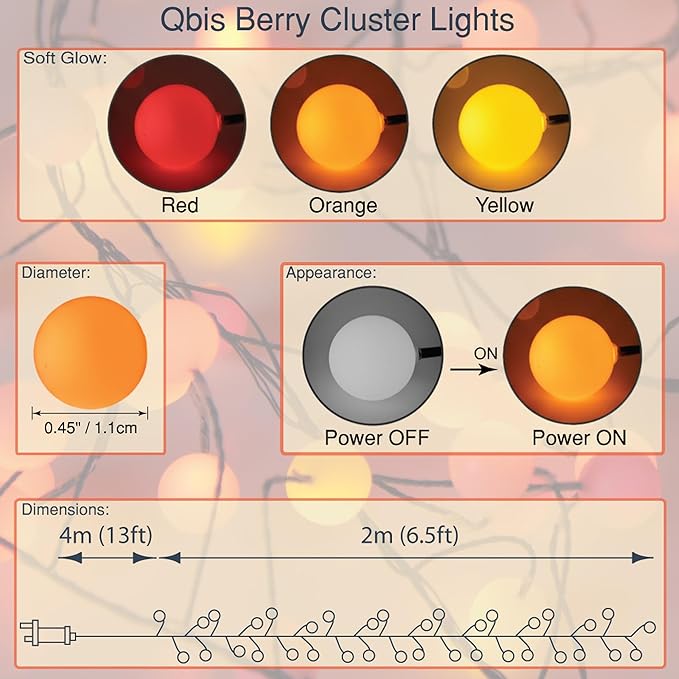QBIS 120 LED Christmas Cluster Fairy Lights – Red, Orange, Yellow Indoor Decorative String Lights, Plug-in Fall Decor for Indoor or Outdoor use.