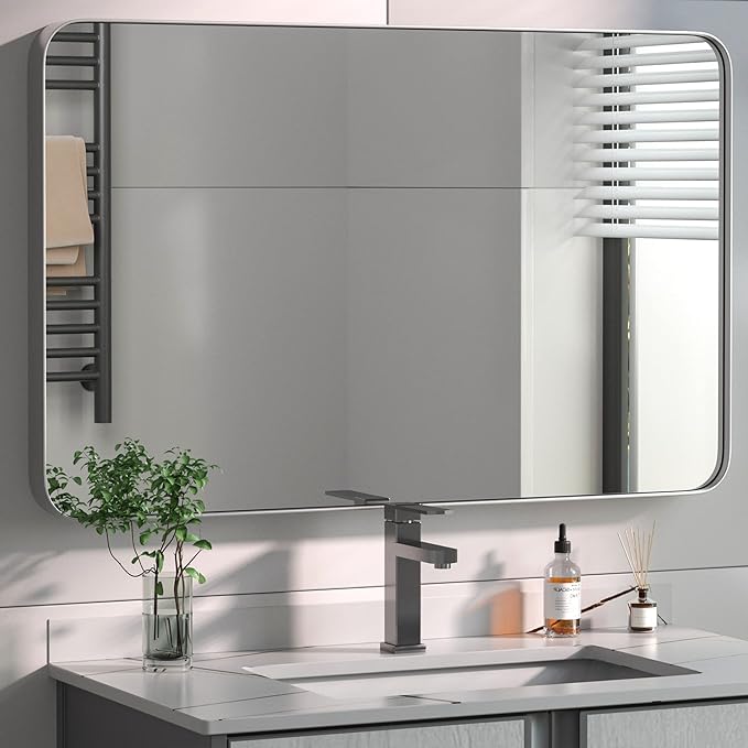PAIHOME 30x40-Inch Brushed Nickel Bathroom-Vanity-Mirror for Wall - 304 Stainless Steel Silver Frame Bathroom Mirrors, Rectangle Farmhouse Mirror, Vertical Or Horizontal Hanging Modern Mirror
