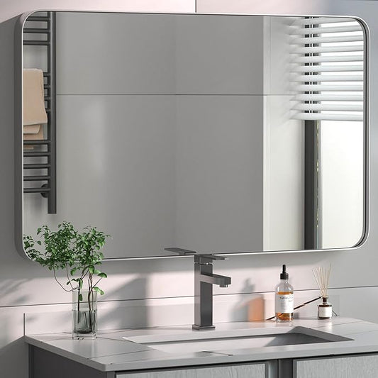 PAIHOME 30x40-Inch Brushed Nickel Bathroom-Vanity-Mirror for Wall - 304 Stainless Steel Silver Frame Bathroom Mirrors, Rectangle Farmhouse Mirror, Vertical Or Horizontal Hanging Modern Mirror