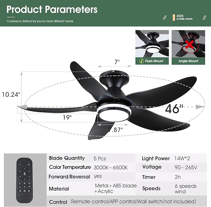 46 inch Ceiling Fans with Lights and Remote/APP Control, Modern Flush Mount Ceiling Fans with 5 Reversible Blades 6 Speeds, 3 Colors Dimmable+Ring Lights for Bedroom Dining Room, Black