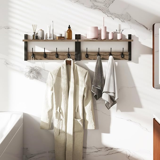YMYNY Coat Rack Shelf Wall Mounted, Coat Hooks Set of 2, Entryway Coat Hanger with 8 Hooks, 31.5" Wall Floating Shelf with Hat Rack, for Kitchen, Bedroom, Bathroom, Silver Gray UHWS001Y-2