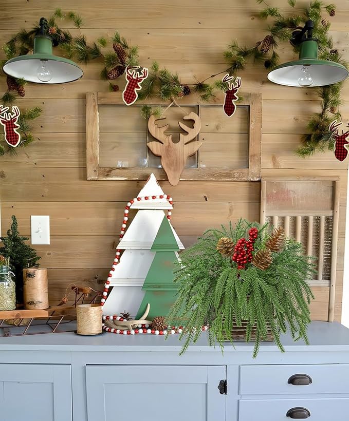 Artificial Christmas Norfolk Pine Arrangement with Red Berries and Pinecones 10 Inch Holiday Table Centerpiece in Rustic Wooden Box Faux Tabletop Arrangement for Home Mantel Xmas Dining Table Decor