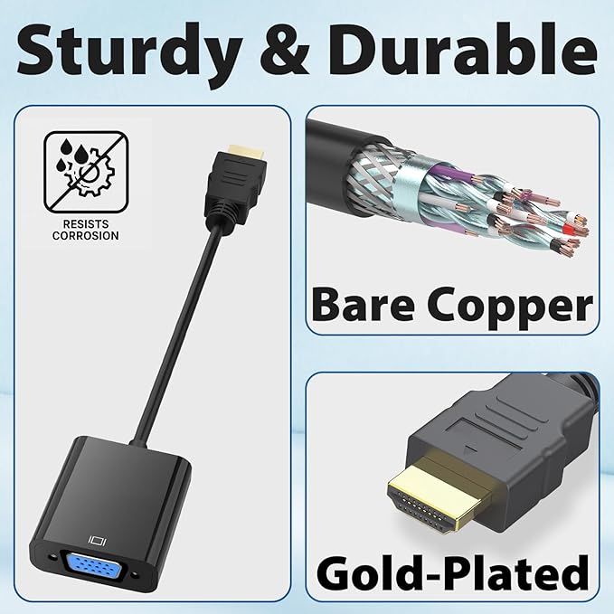 VGA to HDMI Adapter Cable – Uni-Directional 1080P HDMI to VGA Converter for PC, Laptop, Xbox, Roku, TV Box – Gold-Plated, Plug & Play, Monitor Compatible