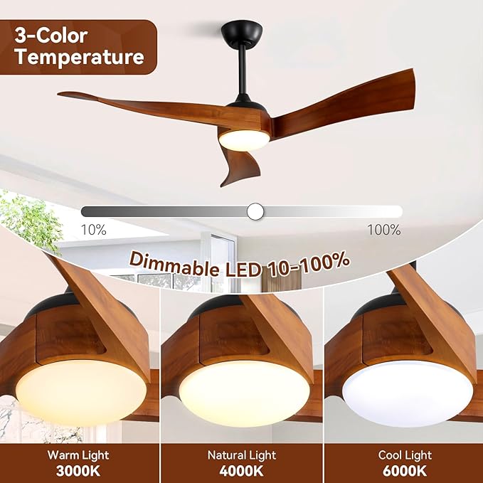 Sofucor 52 Inch Ceiling Fans with Lights, Solid Wood Indoor/Outdoor Ceiling Fan with Remote, Reversible DC Motor, 3 Blade Modern Ceiling Fan Light, Low Profile Ceiling Fans for Bedroom Patio Kitchen