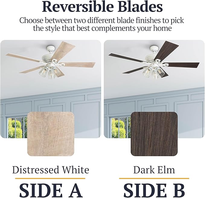 Prominence Home Glenmont, 52 Inch Farmhouse LED Ceiling Fan with Light, Pull Chain, Three Mounting Options, Dual Finish Blades, Reversible Motor - 50389-01 (Distressed White)